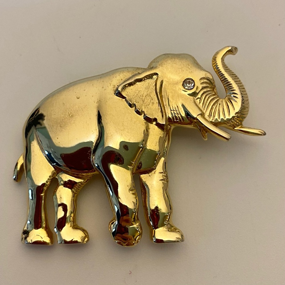 Park Lane Elephant Brooch Pin Gold Tone Polished Metal Rhinestone Eye Signed